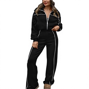 Women Black Full Sleeve Tracksuit With White Stripe Loose Fit Casual Zipper Front Sweatshirt And <b>Pants</b> Set - Product Image 3