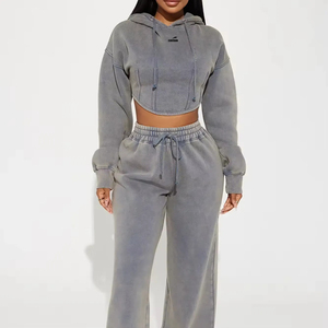 Set Personalizzato <span class=keywords><strong>da</strong></span> <span class=keywords><strong>Donna</strong></span> con Felpa Crop a Collo Alto in Cotone, Grigio Lavato, Abbigliamento Sportivo, <span class=keywords><strong>Tute</strong></span> Plus Size con Logo Personalizzato - Product Image 2