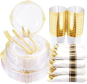Platos <span class=keywords><strong>de</strong></span> <span class=keywords><strong>Plástico</strong></span> Desechables <span class=keywords><strong>de</strong></span> Lujo para Bodas, con Borde Dorado y Patrón en Relieve, Kits <span class=keywords><strong>de</strong></span> Artículos para Fiestas - Product Image 1