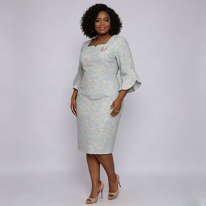 Robe fourreau élégante à imprimé floral avec manches à volants, col carré, longueur genou, ajustée, style formel pour femme, collection printemps - Product Image 5
