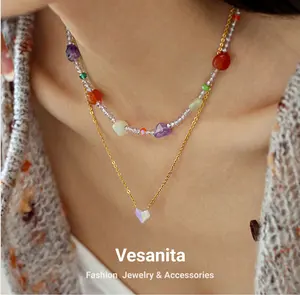 Vesanita批发时尚手工饰品精致漂亮彩色天然石玻璃水晶串珠女孩项链