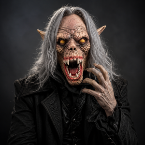 Masque en latex de monstre <span class=keywords><strong>loup</strong></span>-<span class=keywords><strong>garou</strong></span> effrayant, tête entière, visage de bête d'horreur avec cheveux gris, yeux jaunes, crocs pour Halloween, cosplay, accessoires de fête - Product Image 1
