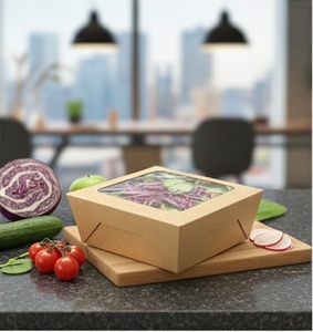 EcoFriendly Disposable Lunch <b>Box</b> with Double Windows Matt Lamination Coated Paper Folders for Fruit and Vegetable Salads - Product Image 1