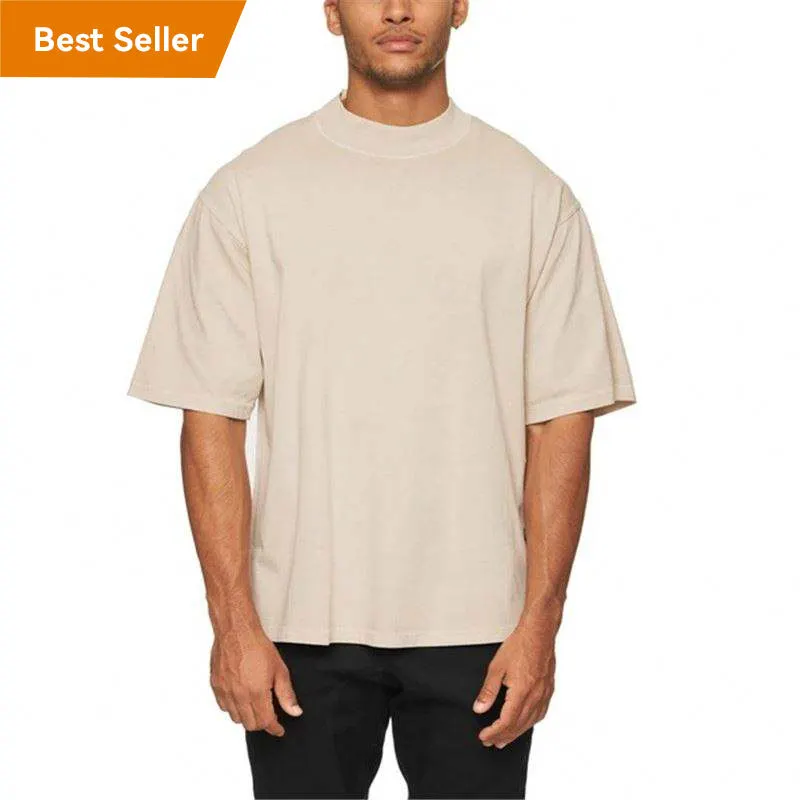 100% Cotton Sustainable Clothing Men's Oversized Boxy Loose Fit Drop Shoulder T-shirts Blank Short Sleeve Mock Neck T Shirt