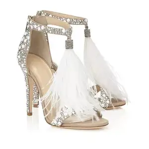 Ostrich feather tassel saddle, Women's Wedding Dress Party & Evening Stiletto Heel Pearl Tassel White Color Feather Shoes