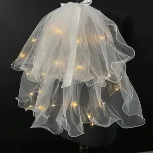 Velo de boda de gasa LED, velo corto de dos capas con cuentas, cinta de perlas para novia, Catedral, iglesia, velo de novia para boda