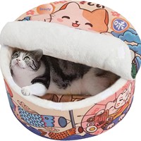 Lit pour chat rond en peluche imprimé en forme de ramen, type fermé, style ramen japonais, double usage, chaud, amovible, lavable, pour usage intérieur en hiver