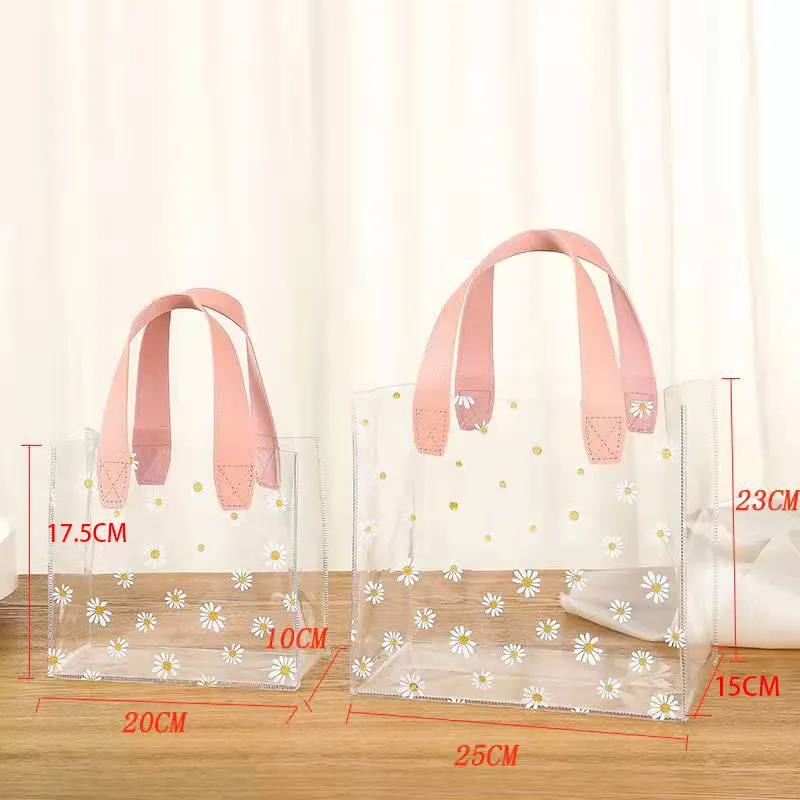 Logo flower Plastic Pvc Women Clear Shopping Bag Wedding Unique Cute Gift Handles Bags Souvenir Plastic clear goods gift