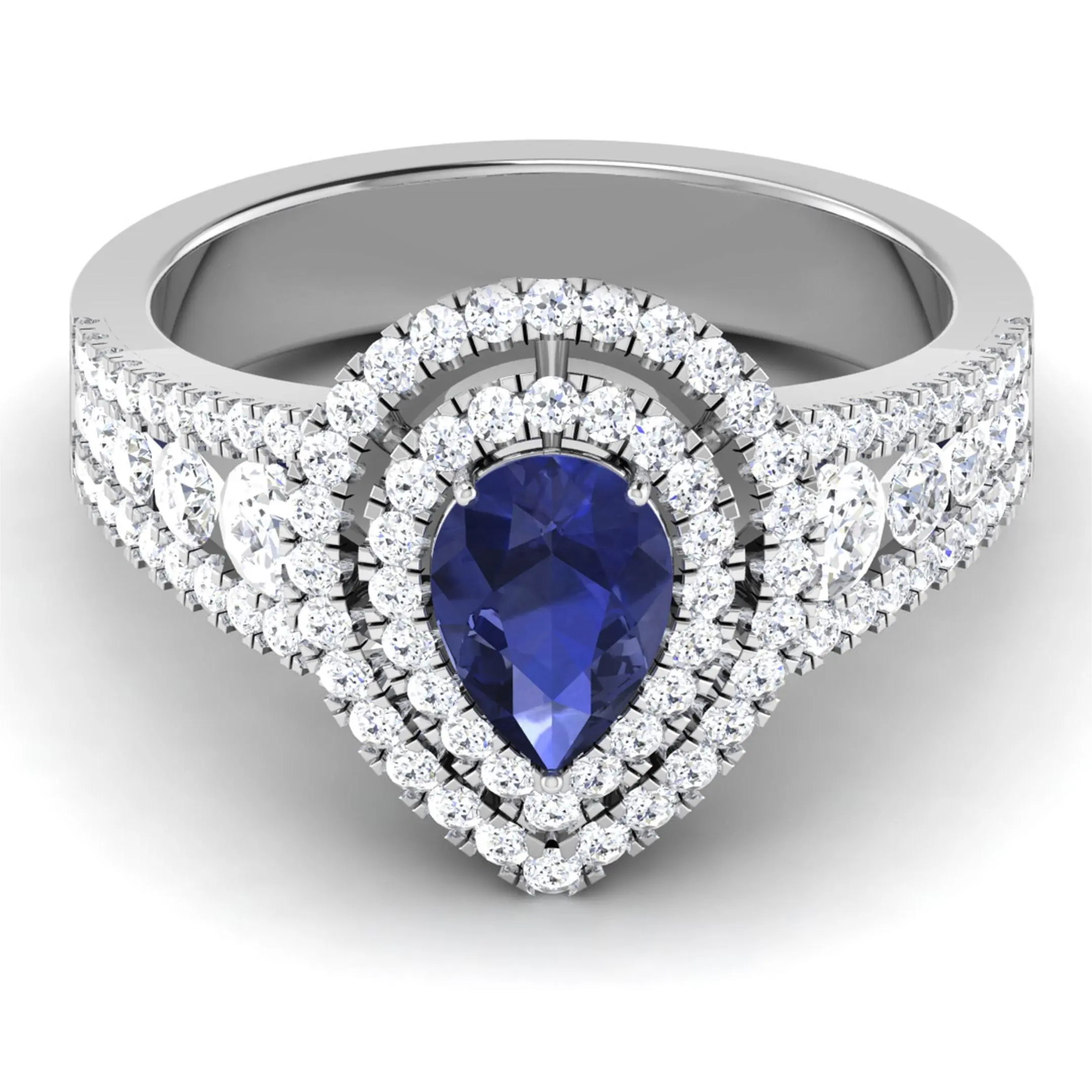 FirstMadam Custom 18k White Gold Sapphire Engagement Wedding Double Halo Pear Diamonds Ring