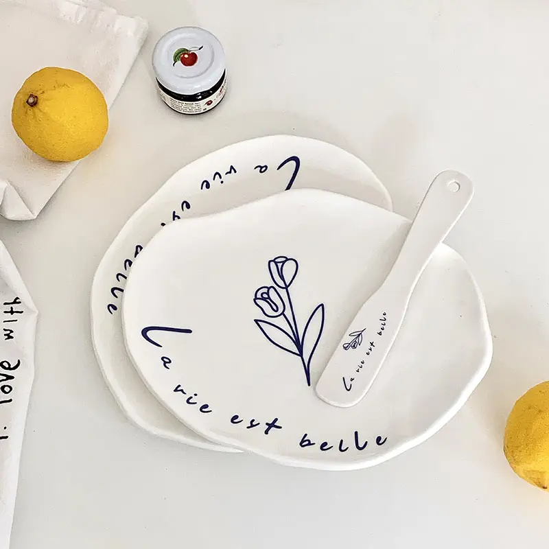 Solhui Korean ins tulip letter irregular ceramic dessert cake plate butter spatula