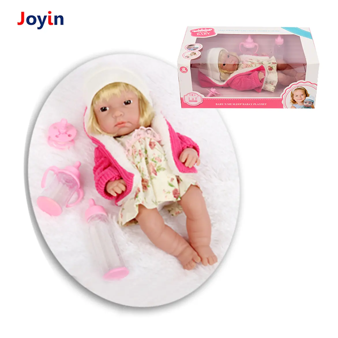 12 Inch Reborn Brinquedos do bebê Boneca para menina Bonecas Modelo de Borracha Floral Saia Rosa Jacket w/Chupeta & Garrafa Gift Set Piscando Olhos