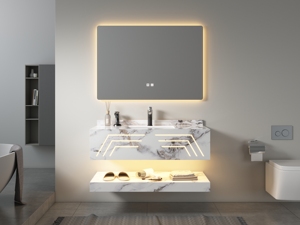 Set Mobile Bagno Moderno a Parete a Doppio Strato in Ardesia, Resistente all'Acqua, con Specchio LED e Lavabo in Ceramica - Product Image 2