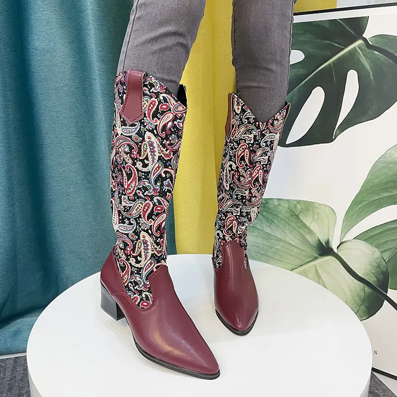 2022 new retro embroidery western cowboy boots female pointed high heel V-neck knee-length fashion knight boots
