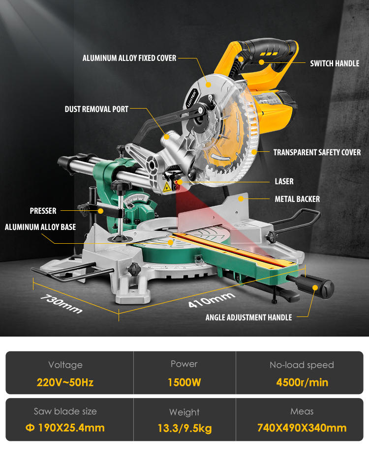LUXTER Compound Sliding Miter Saw Single Bevel Band Laser Miter Saw for