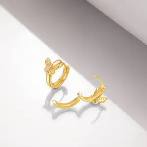 Perhiasan bagus elegan asli 925 perak murni 14k lapis emas kupu-kupu anting Hoop Mini