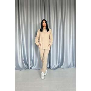 ชุดเสื้อเชิ้ตและกางเกงผ้าฝ้ายสีเบจสำหรับผู้หญิง ระบายอากาศได้ดี เหมาะสำหรับใส่ลำลอง - Product Image 5