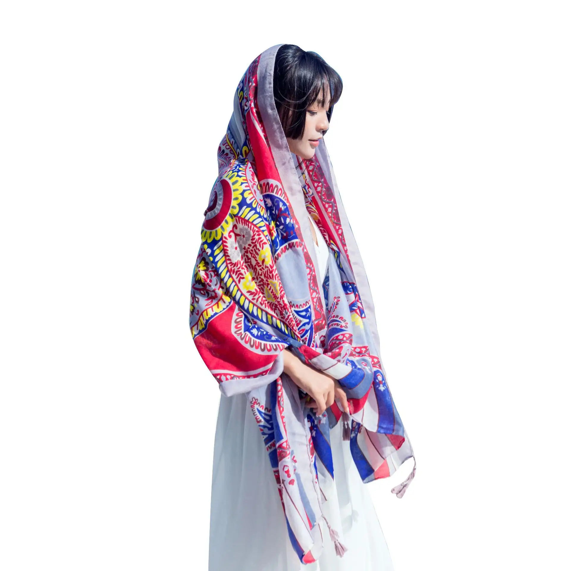 New fancy women elegant flower print scarves stoles ethnic style ladies soft long floral printed cotton scarves shawls for women