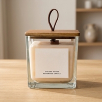 Nouveau porte-bougie en verre transparent carré de 300 ml/640 ml, luxueux pot carré pour bougie parfumée avec couvercle en bois d'acacia