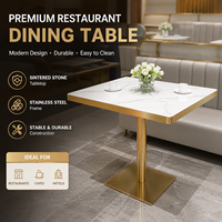 Table de salle à manger commerciale moderne haut de gamme avec plateau en pierre frittée et piétement doré pour restaurant, café, hôtel