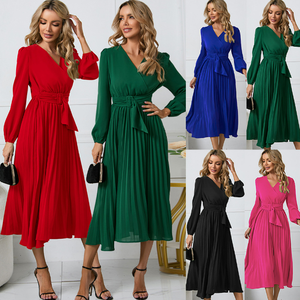 Nouvelle <span class=keywords><strong>robe</strong></span> à col en V à <span class=keywords><strong>ceinture</strong></span> plissée et à manches longues <span class=keywords><strong>pour</strong></span> femmes du commerce extérieur européen et américain <span class=keywords><strong>Robe</strong></span> trapèze transfrontalière <span class=keywords><strong>Amazon</strong></span> - Product Image 6