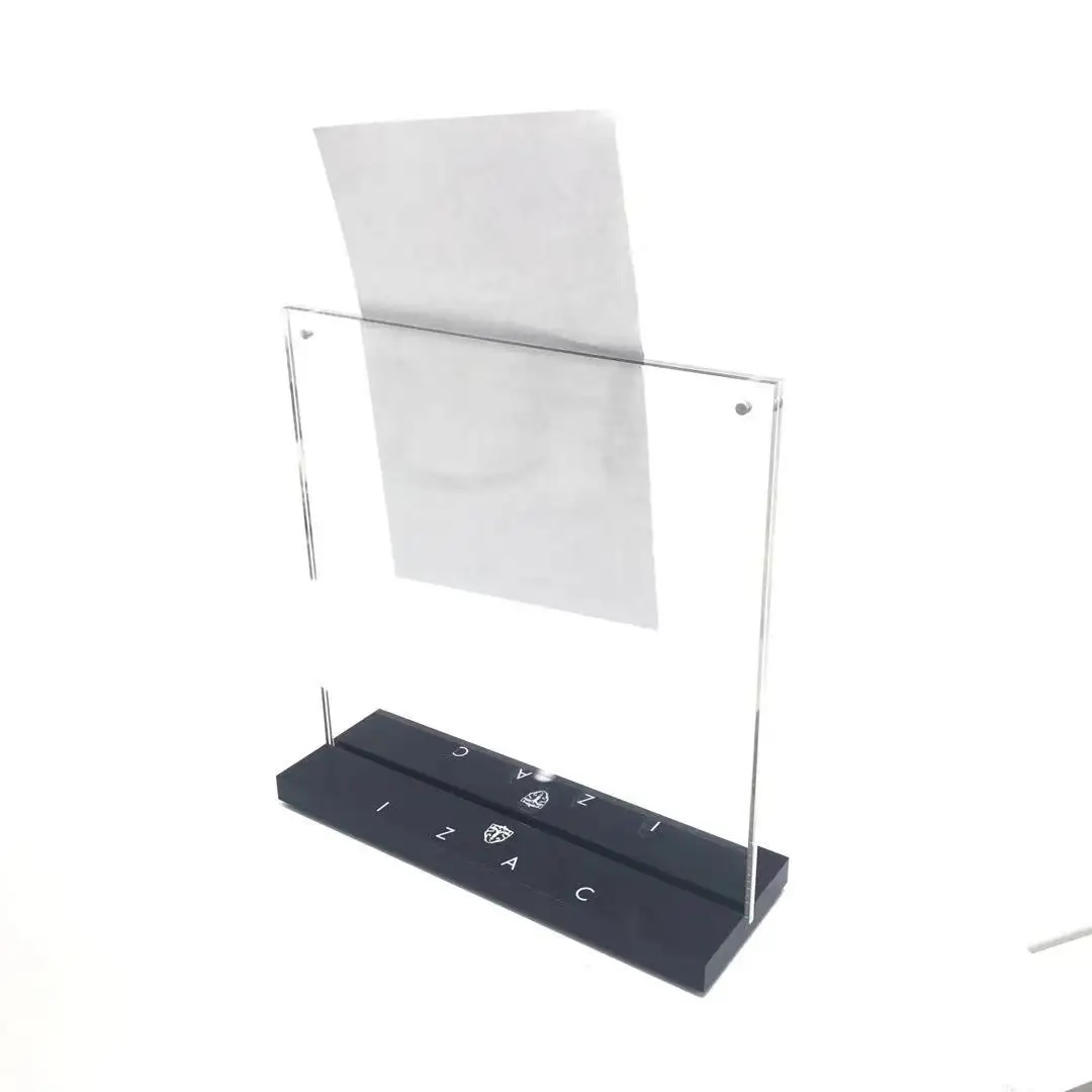 High Clear Acrylic Sign Holder Transparent with Black Wooden Base For Office Hotel Restaurant Menu Table Tops Display