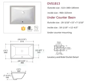 Ovs CUPC Factory Wholesale Under Mounter Vanity Basin Rectangle Sinks Under Counter Bathroom Basin