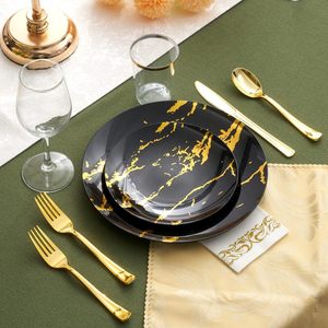 175 ensembles de vaisselle jetable en plastique robuste assiettes blanches à motif de marbre d'or de luxe pour les mariages de fête - Product Image 5
