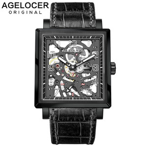 Montres-bracelets mécaniques squelette analogiques lumineuses noires <span class=keywords><strong>AGELOCER</strong></span> pour hommes, montres de luxe de marque haut de gamme - Product Image 2