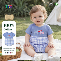 Puresun Faible MOQ Barboteuses pour bébés garçons Saint-Valentin OEM 100% Coton Applique Cœur Gingham Bleu 0-24 Mois Vente en Gros