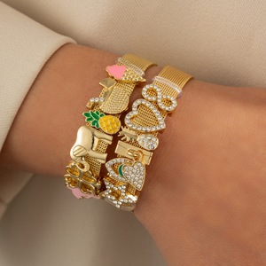 Pulsera de Malla de Acero Inoxidable con Baño de Oro de 18K y Corazón de Zirconia, Abalorios Deslizantes Personalizables DIY, Ajustable y Apilable, de Moda - Product Image 1
