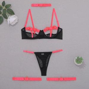 ชุดชั้นในผู้หญิงแฟชั่นฤดูร้อนแบบใหม่ ดีไซน์สองสีต่อกัน แต่งเชือกผูก ดีไซน์ซับซ้อน งานฝีมือประณีต ชุด 4 ชิ้น - Product Image 6
