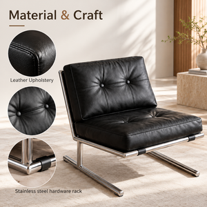 Sillón Moderno VB de Cuero Encerado Negro con Estructura de Acero Inoxidable y Espuma de Alta Resiliencia para Sala de Estar u Hotel - Product Image 4
