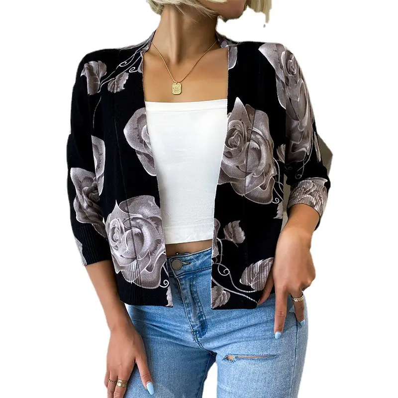 Custom Knit Plus Size Cardigan Women Sweater 2023 New Fashion V-neck 3/4 Sleeve Floral Print Cardigans Sweater Woman