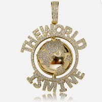 Collier Pendentif Hip Hop en Laiton Plaqué Or, Zircon Cubique Bling Iced Out, Motif Terre et Monde, avec Chaîne Corde