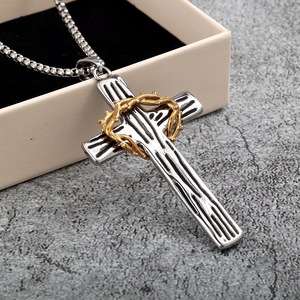 yunnique Stainless Steel <b>Cross</b> Pendant Necklace With Crown Of Thorns For Men Fashion Jewelry Gift Party Occasion - Product Image 1