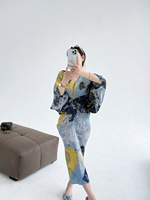Robe plissée style Miyake pour femme, à manches chauve-souris longues, dégradé de couleurs, imprimée, à franges, grande taille, décontractée et élégante