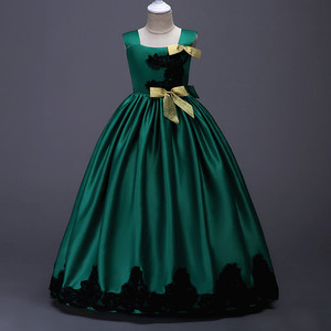 Girls' Yellow Satin Princess Dress With Black Lace Embroidery Stage <b>Performance</b> <b>Wear</b> - Product Image 4