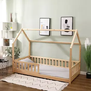 2022 New Style Children Bedroom Furniture Modern Simple Montessori House Shape Design Wood Frame Floor Kids Bed With Guardrail