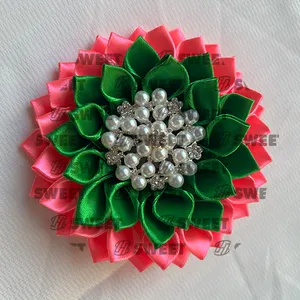 Custom Sorority cetim fita flor broches com azul branco vermelho rosa verde roxo fita cetim corpete