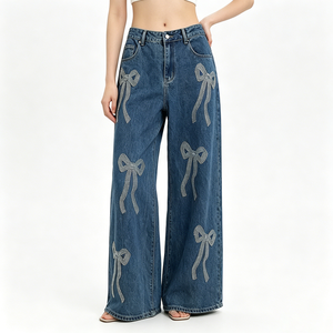 Pantalones Vaqueros de Mezclilla para Mujer Huanqiu, Diseño Retro con Lazo de Cristal Brillante, Vaqueros Elegantes de Alta Calidad para Mujer, Fabricante - Product Image 3