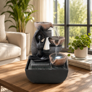 Fontaine d'eau de table en résine, statue de Bouddha priant, cascade de roches empilées, lumière LED pour un style zen, intérieur, maison, bureau - Product Image 5