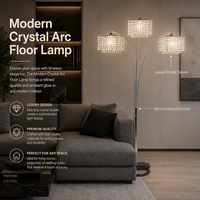 Lampadaire LED 3 lumières en métal chromé avec bras incurvé en cristal et culot E27, design moderne et luxueux pour salon et côté canapé