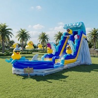Toboggan aquatique gonflable robuste à double piste avec piscine, motif canards jaunes de dessin animé
