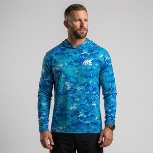 Camisa de Pesca para Hombre, Estampado de Camuflaje Azul, 100% Poliéster, <span class=keywords><strong>UPF</strong></span> 50, Impermeable, Resistente al Viento, Secado Rápido, Transpirable - Product Image 1
