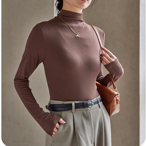 Camiseta Modal de Cuello Medio Alto para Mujer, Prenda Exterior Fina y Delgada de Color Liso, Top de Manga Larga, Camiseta de Moda - Product Image 4