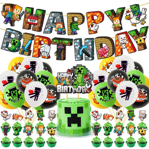 My World Party Pixel War Game Birthday Set Eco-Friendly Paper Cake Toppers Balloons Flags Layout - Product Image 1