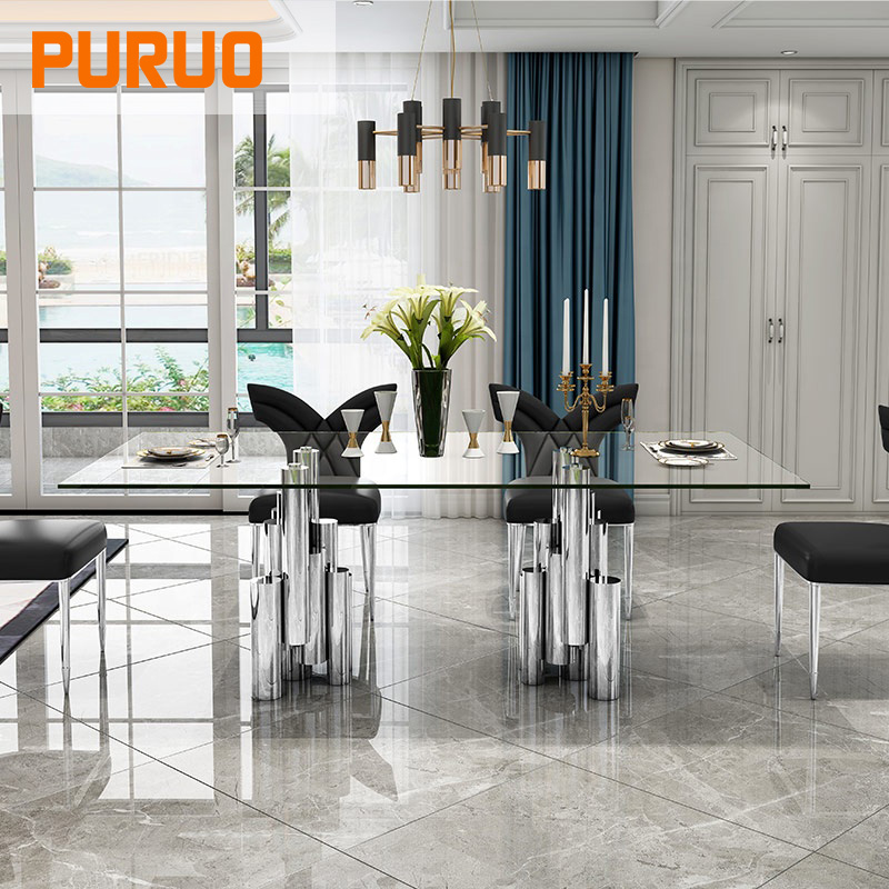 Обеденный стол со стеклянной столешницей, основание из нержавеющей стали, современный дизайн обеденной мебели для дома