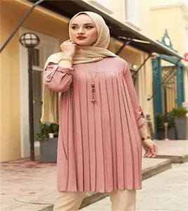 Pleated Tunic Gray Women Long Sleeve Muslim Tops Women Abaya Dubai Vintage Blouse Plaid Spring Autumn Warm Shirt Clothes Ladies