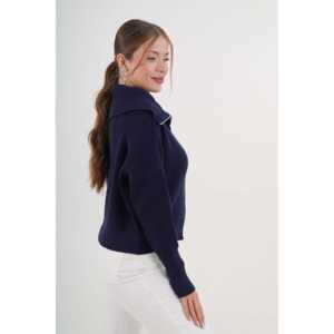 Cárdigan de punto azul marino para mujer, informal, con cuello con cremallera, anti-bolitas, suéter de manga larga - Product Image 1