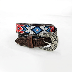 Cinturón de Cuero Genuino Estilo Western Vintage con Cuentas, Hebilla de Aleación, Diseño Geométrico con Incrustaciones de Cuentas, Cinturón Western para Hombre y Mujer - Product Image 1